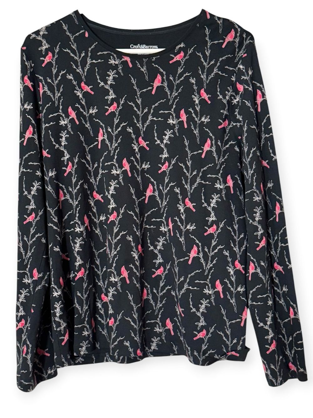 Croft & Barrow Women Size Large Long Sleeve Shirt Cardinal Print Holiday Cotton
